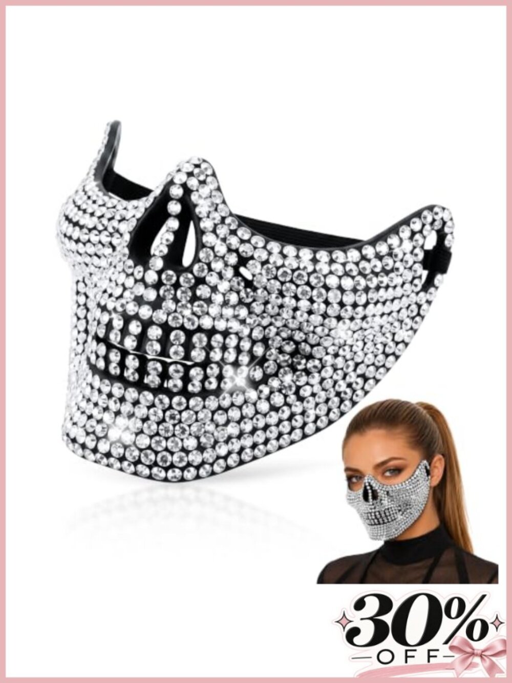 Skull Half Face Mask Bling Rhinestone Skeleton Rave Masquerade Women & Men Party